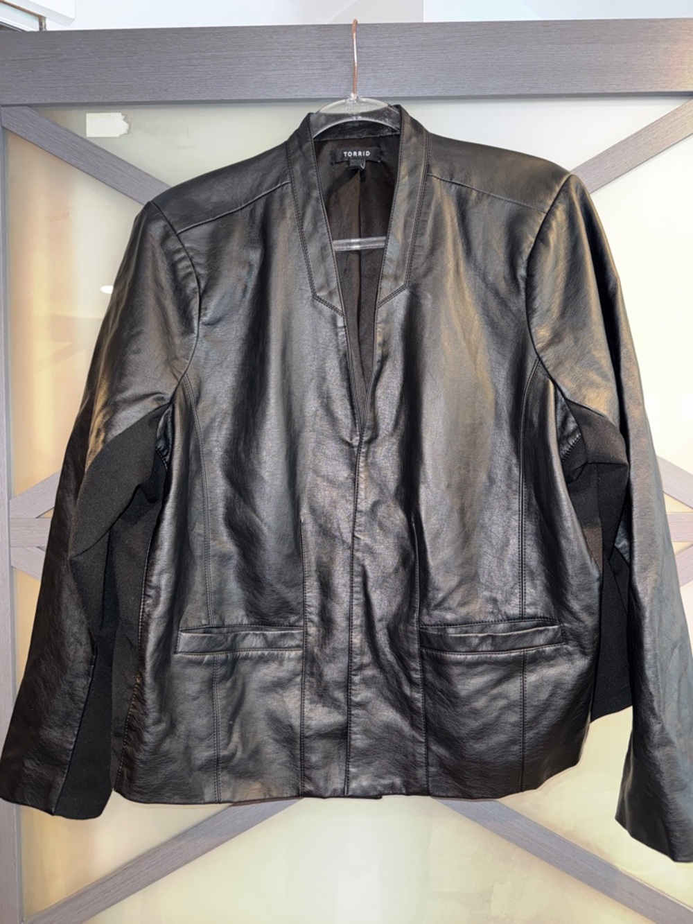 Torrid Black Faux Leather Open-Front Jacket with Stretch Knit Panels